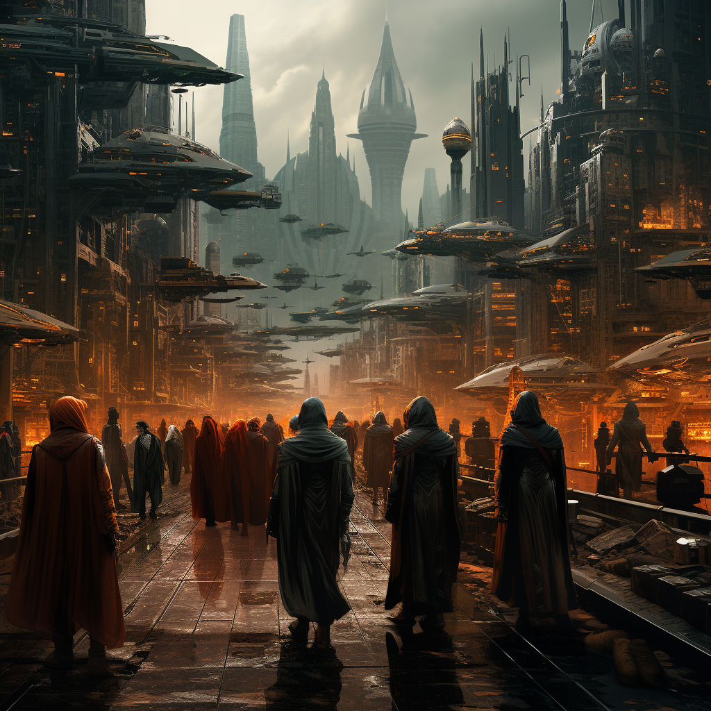 Monks marching through Cyberpunk Utopia