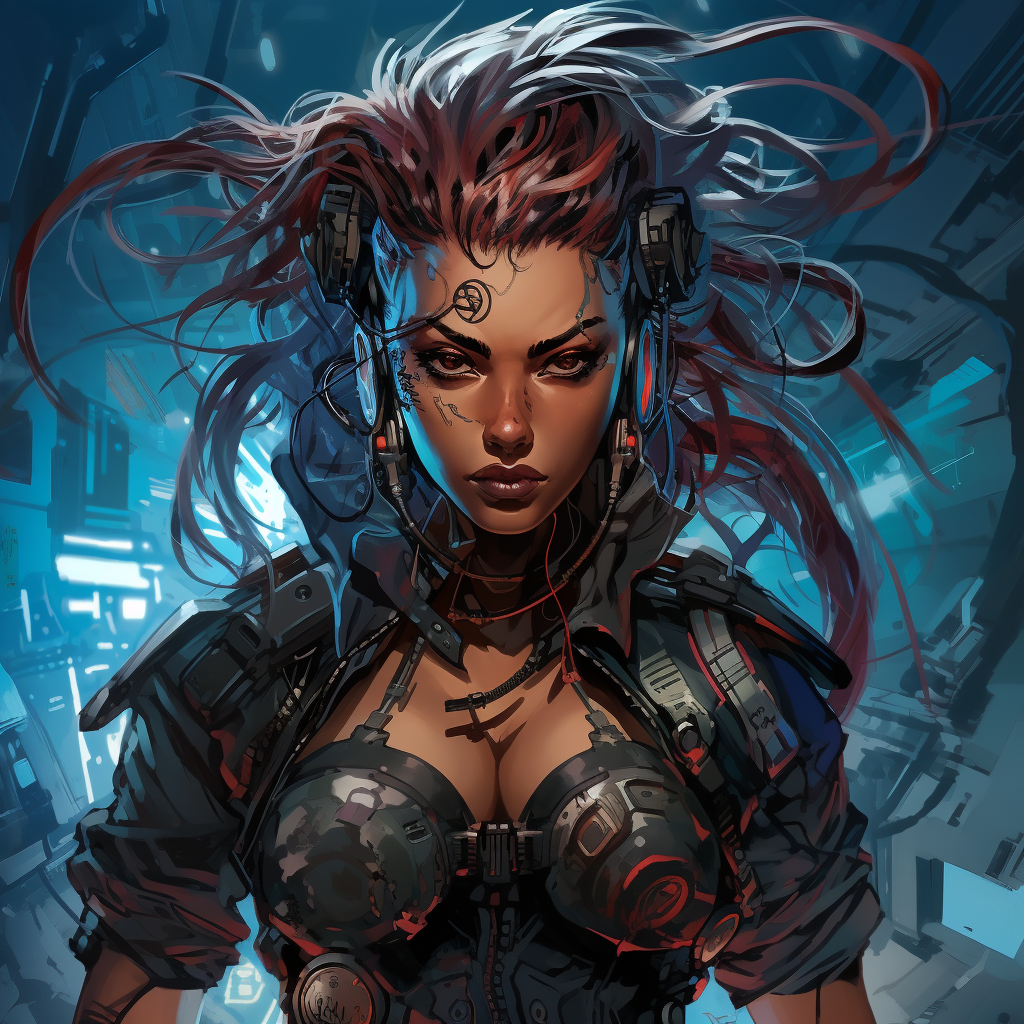 Cyberpunk video game character portrait by Joe Madureira