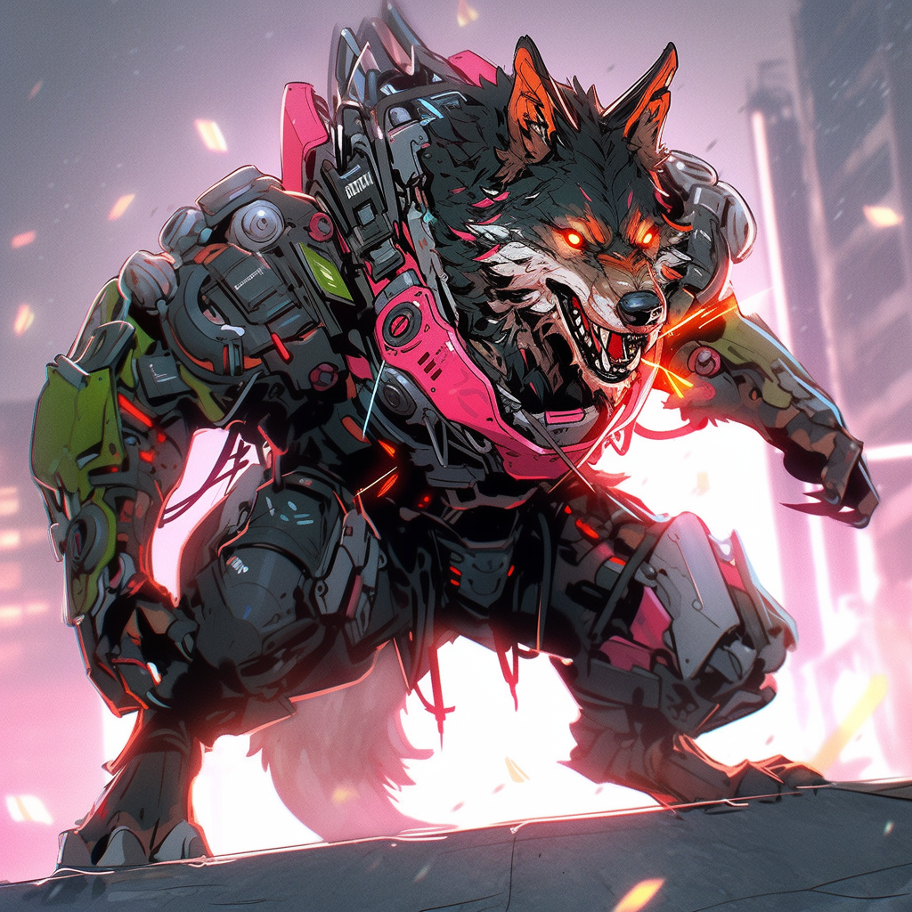 Cyberpunk werewolf in mecha cyberarmor.