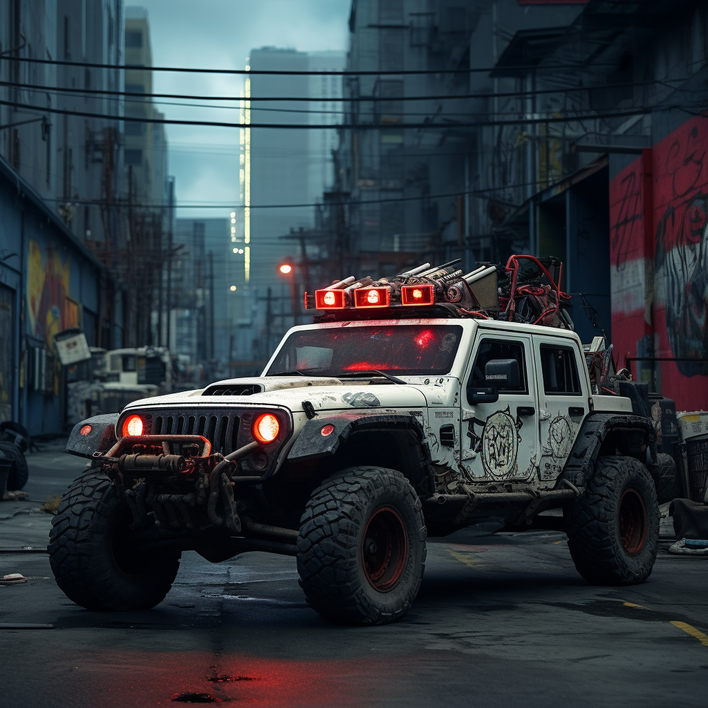 Cyberpunk white Jeep Gladiator in Downtown LA