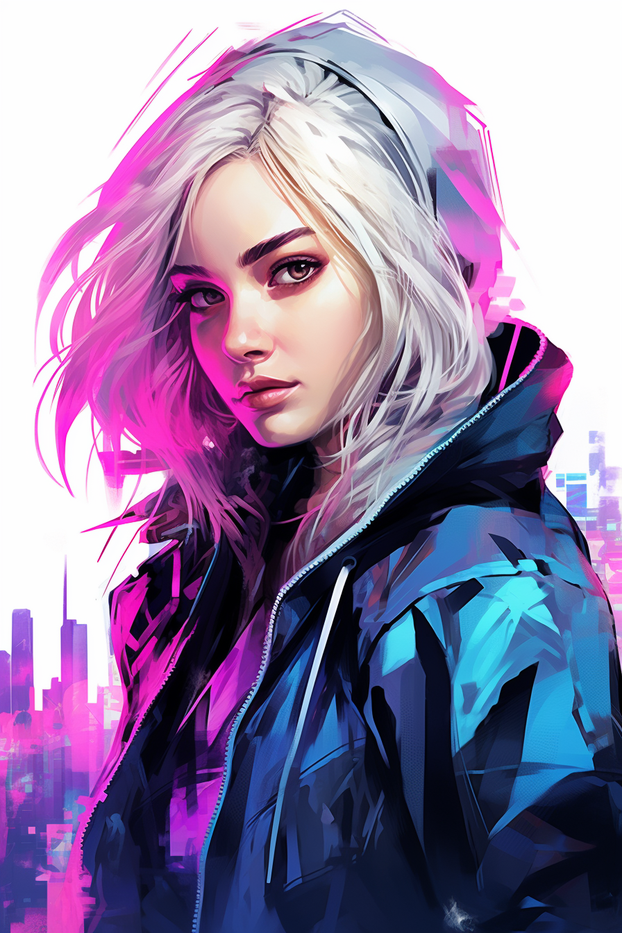 Cyberpunk woman with blond hair and blue eyes in neon city