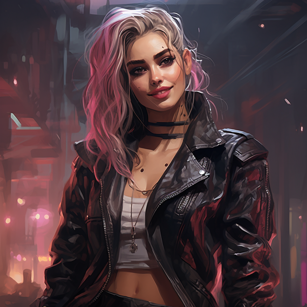 Stylish cyberpunk woman with leather coat and cyberarm