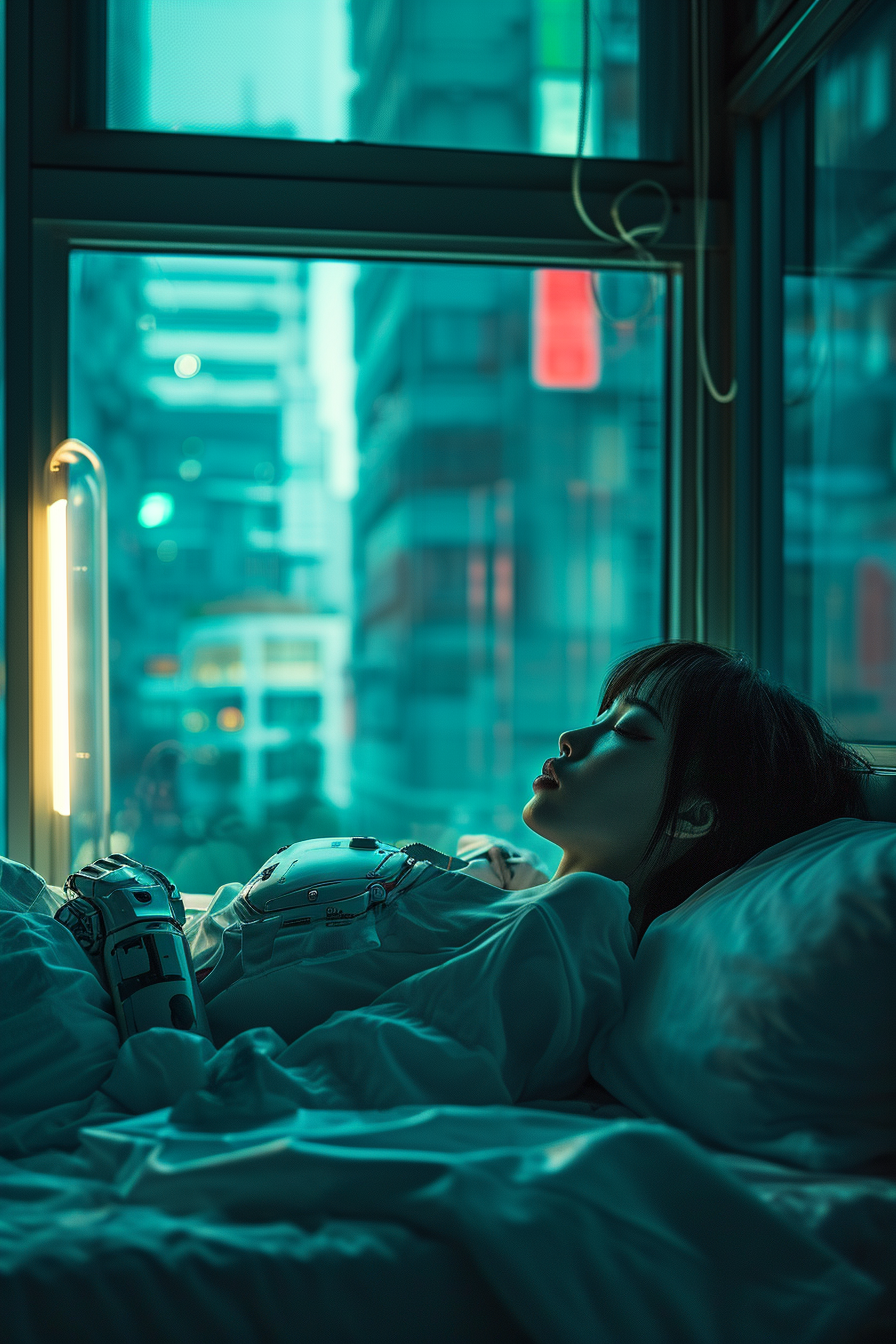 Portrait of Young Cyberpunk Woman with Sleeping Male Robot