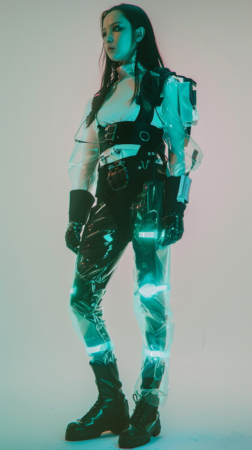 Woman in plastic cyberpunk outfit