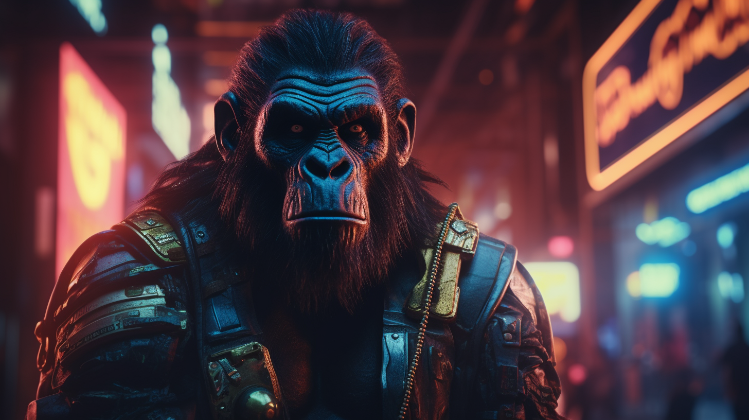 Cyberpunk ape illuminated by neon lights