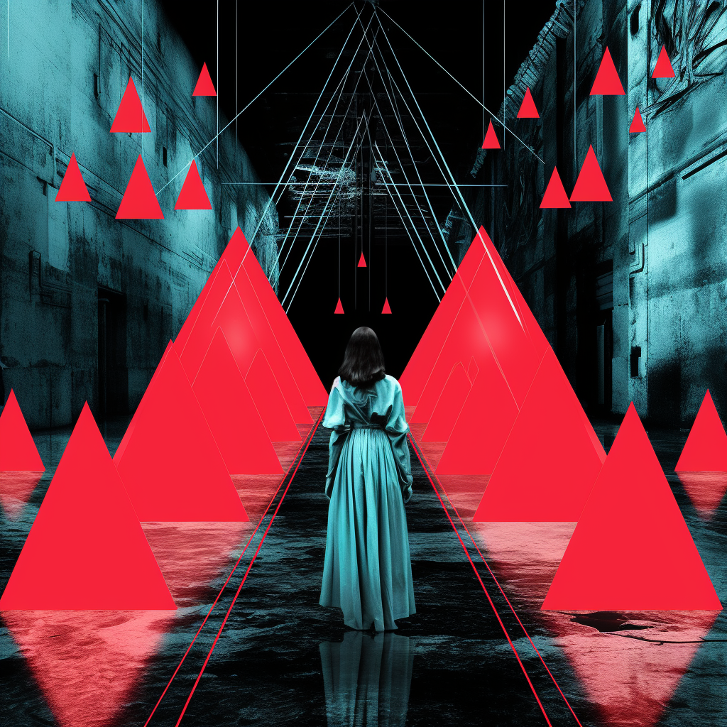 Mystical cyberpunk art with neon triangles