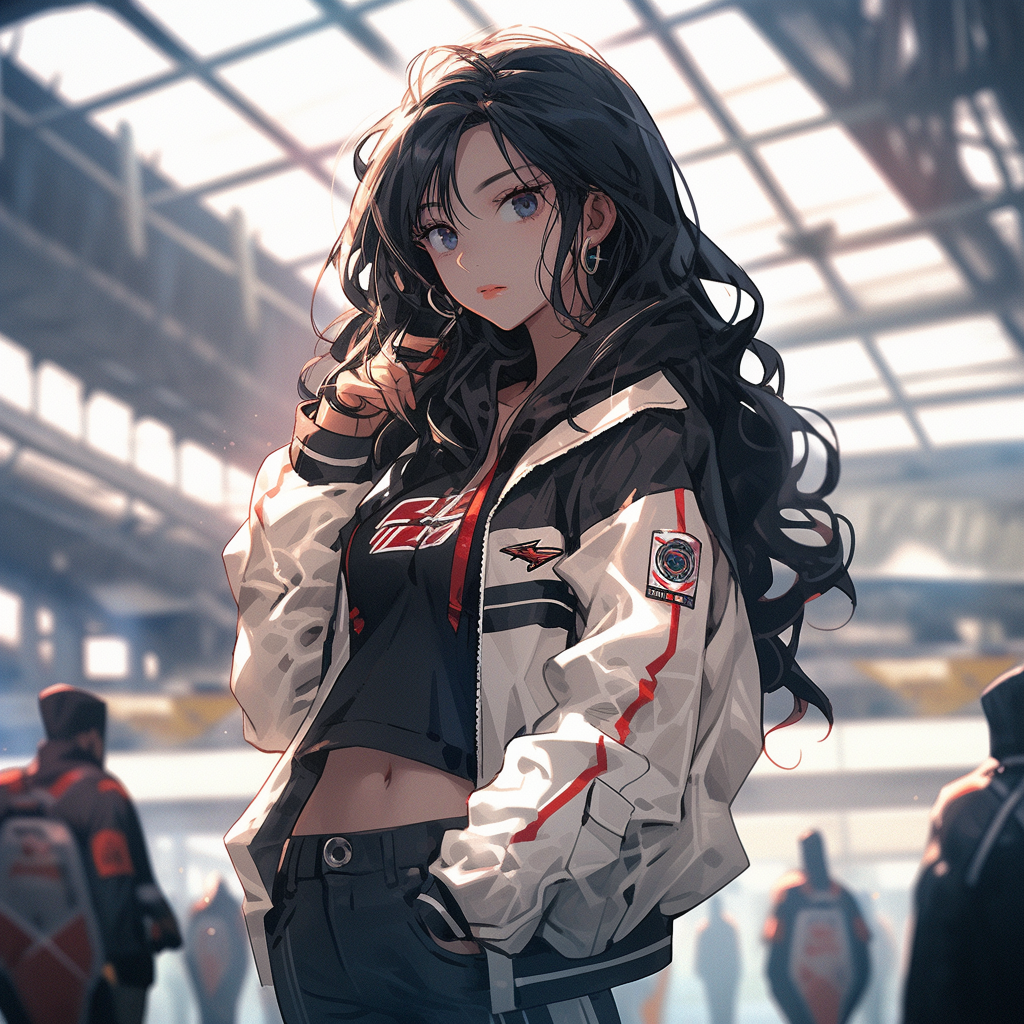 Curvaceous cyberpunk anime girl on futuristic street