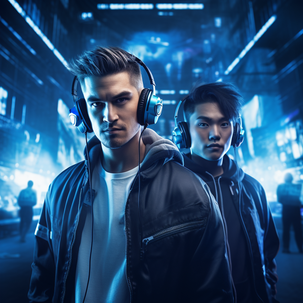 Male drummer and Chinese DJ with headphones in cyberpunk club