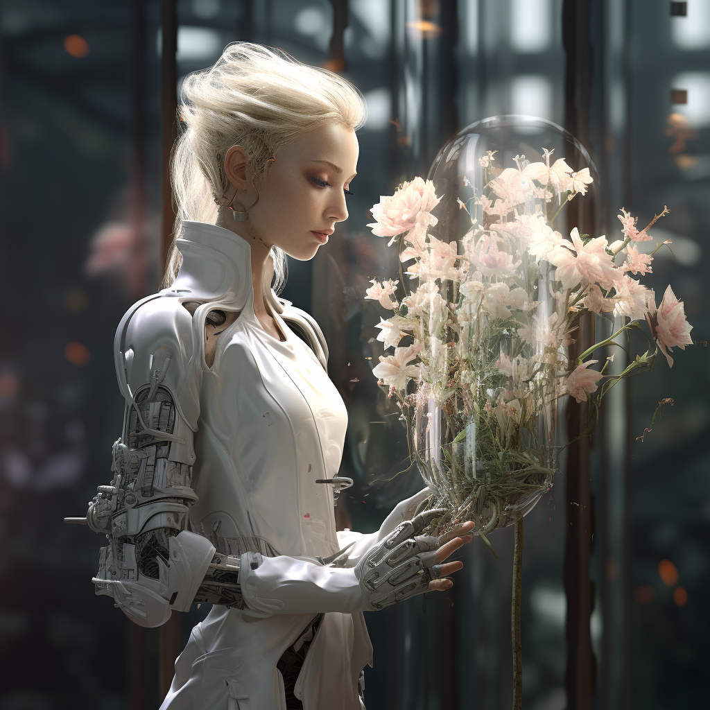 Cyberpunk botanist with plastic flowers