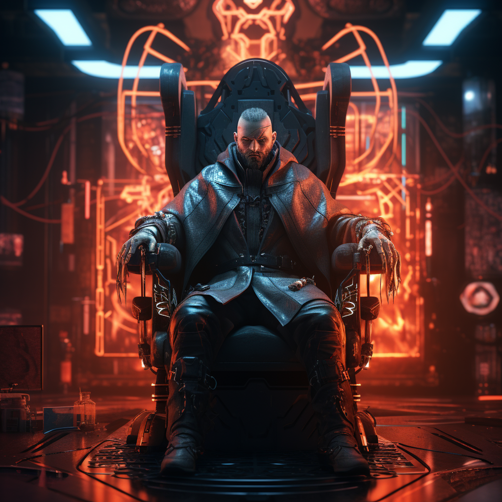 Cyberpunk bountyhunter on throne with neon lights