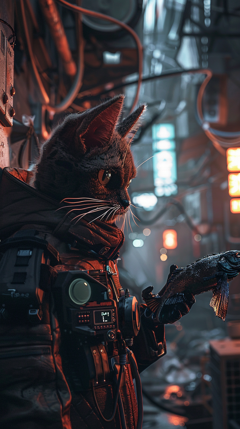 cyberpunk cat holding mechanical fish