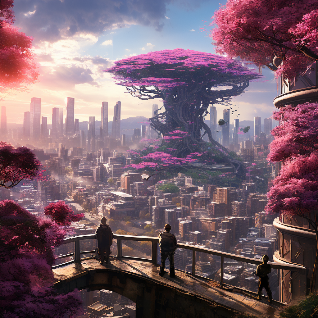 Blossoming Cercis chinensis in Cyberpunk City