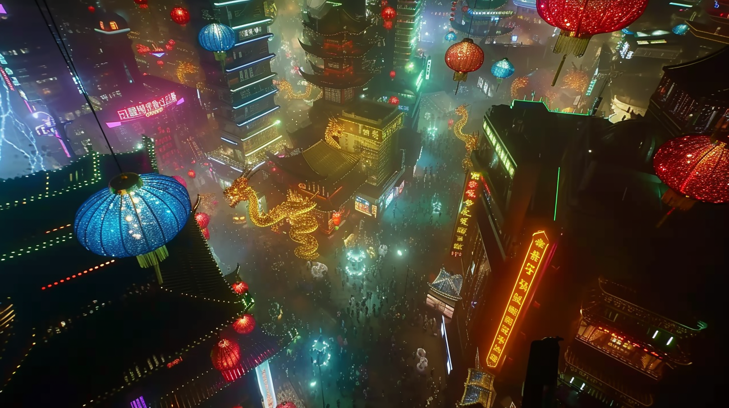 Cyberpunk City Chinese New Year Neon Dragons