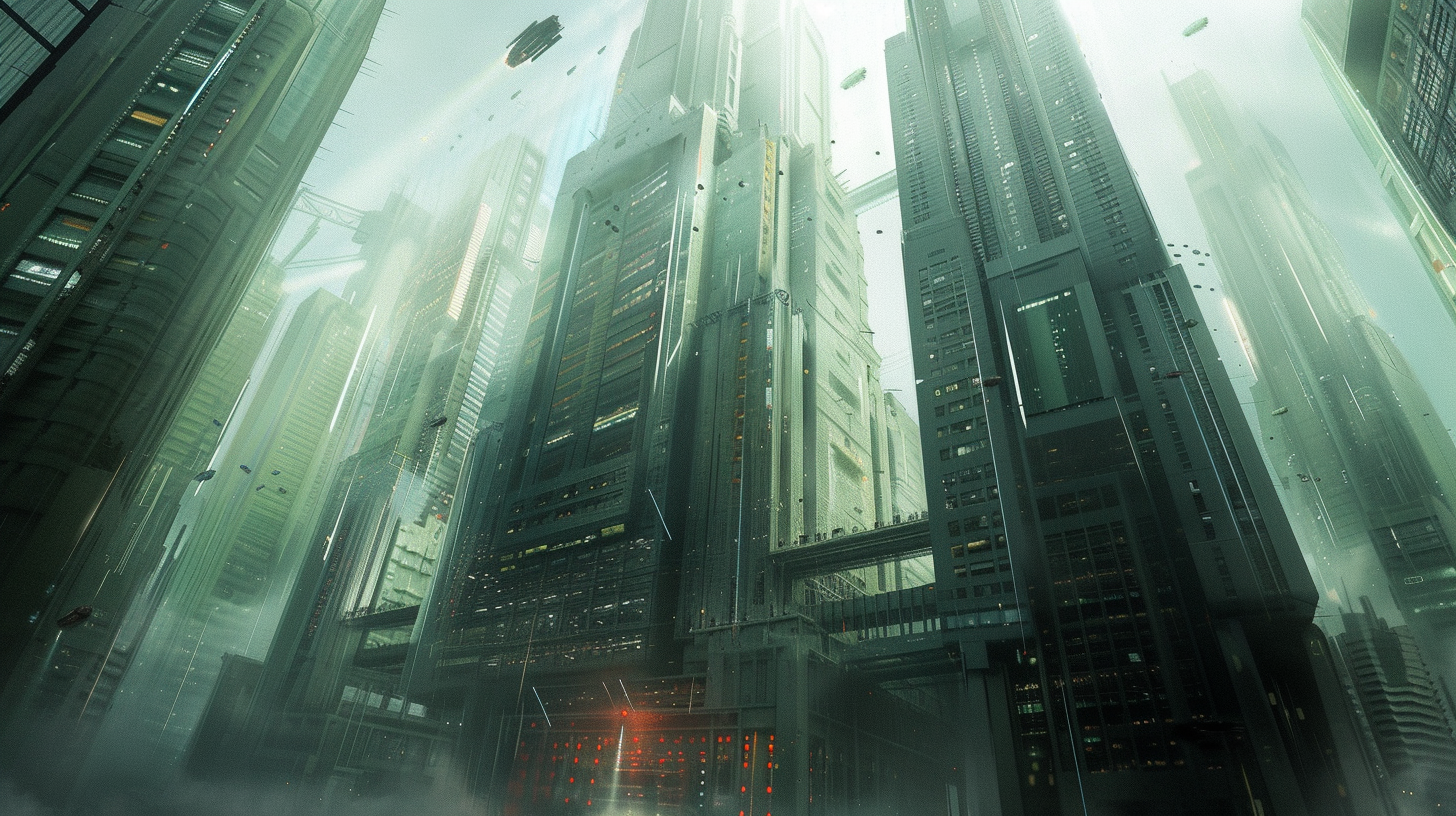 Cyberpunk city Matron headquarters daytime