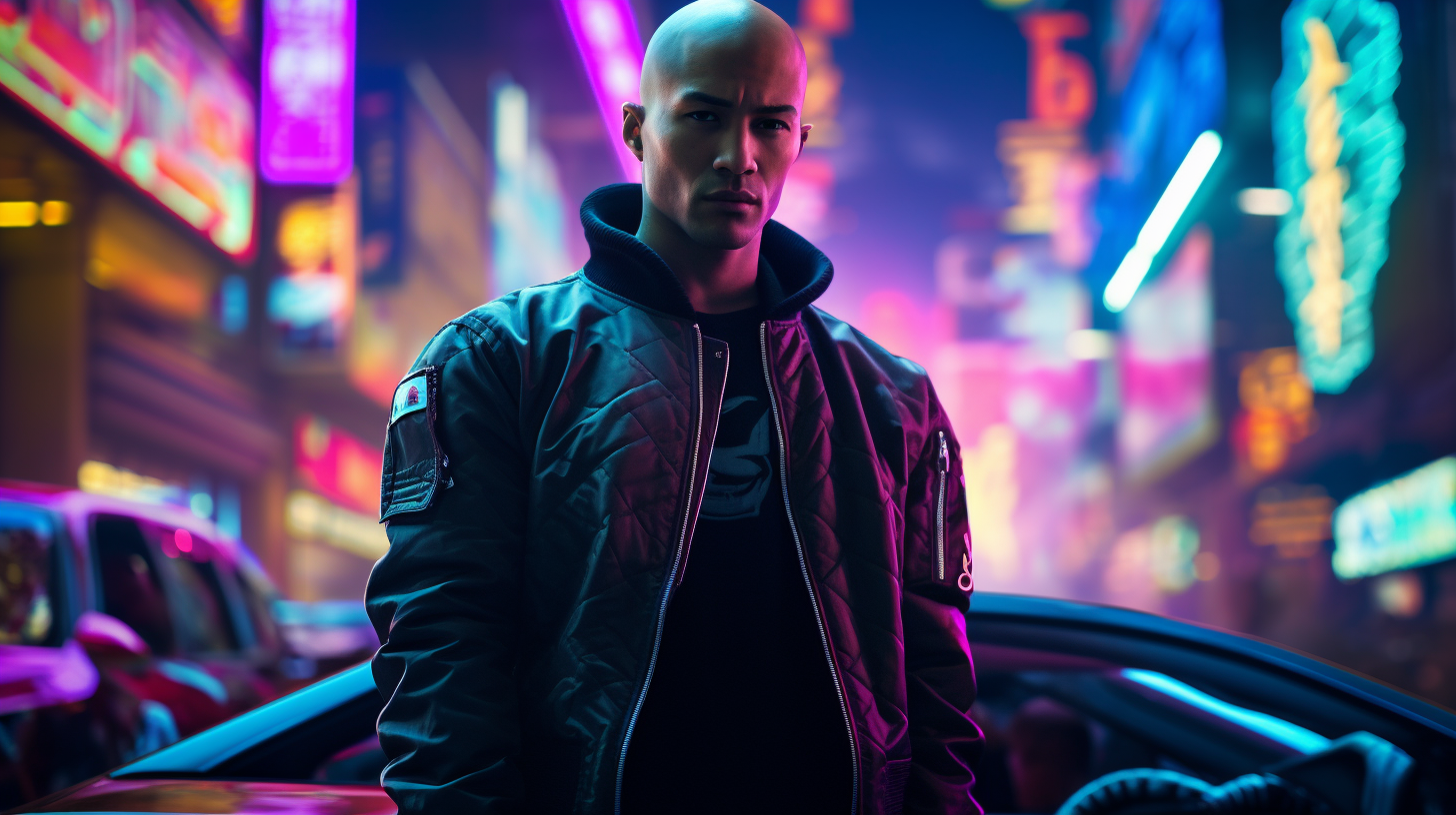 Young man with cyberpunk style standing in front of car