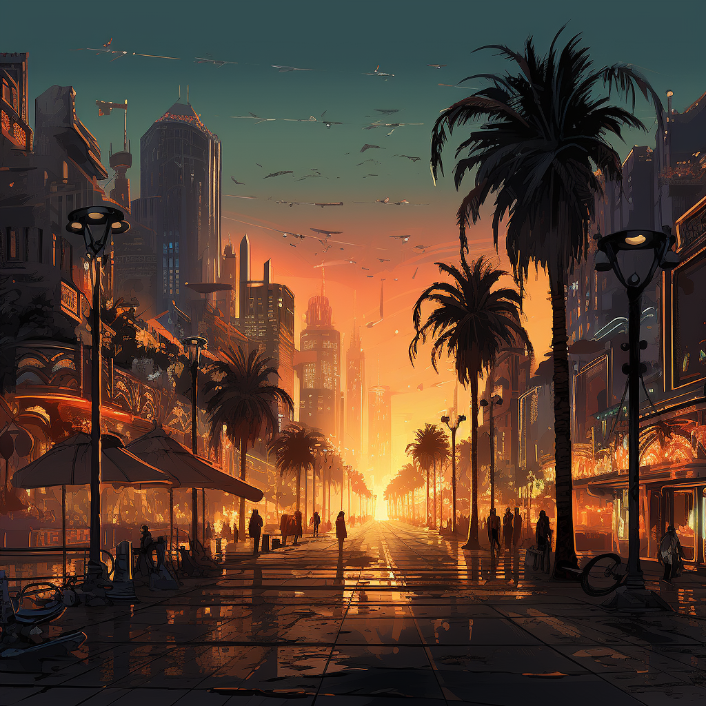 Futuristic cityscape with Venice Beach vibe