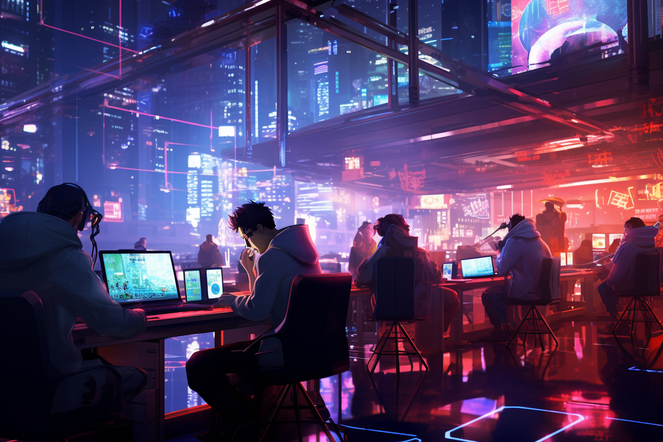 Cyberpunk students studying with cybernetic enhancements