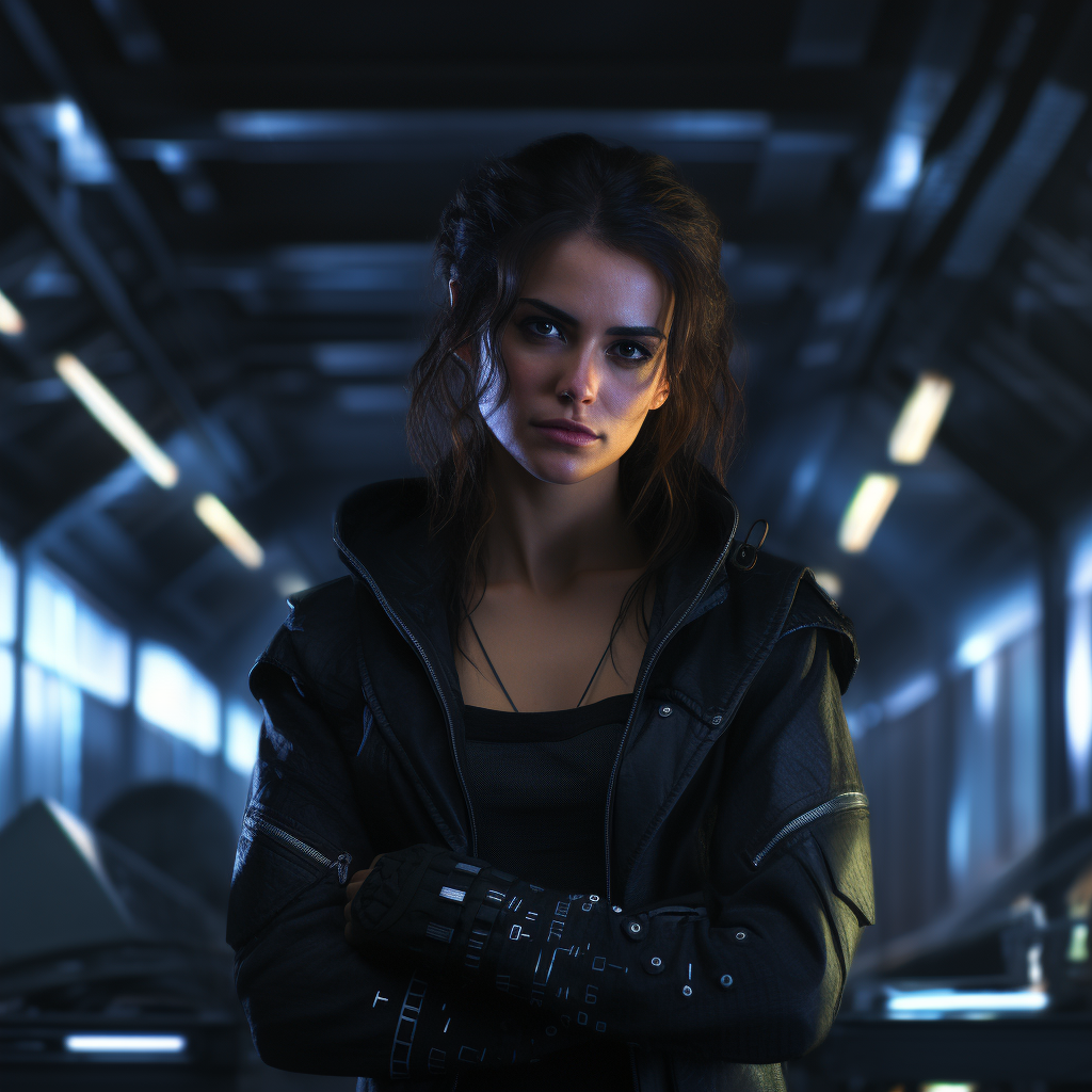 Beautiful dark-haired woman in cyberpunk setting