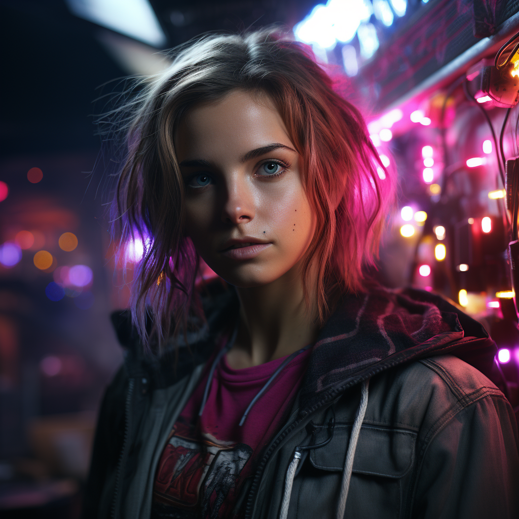 Emma Watson in Cyberpunk attire  (max 6 words)