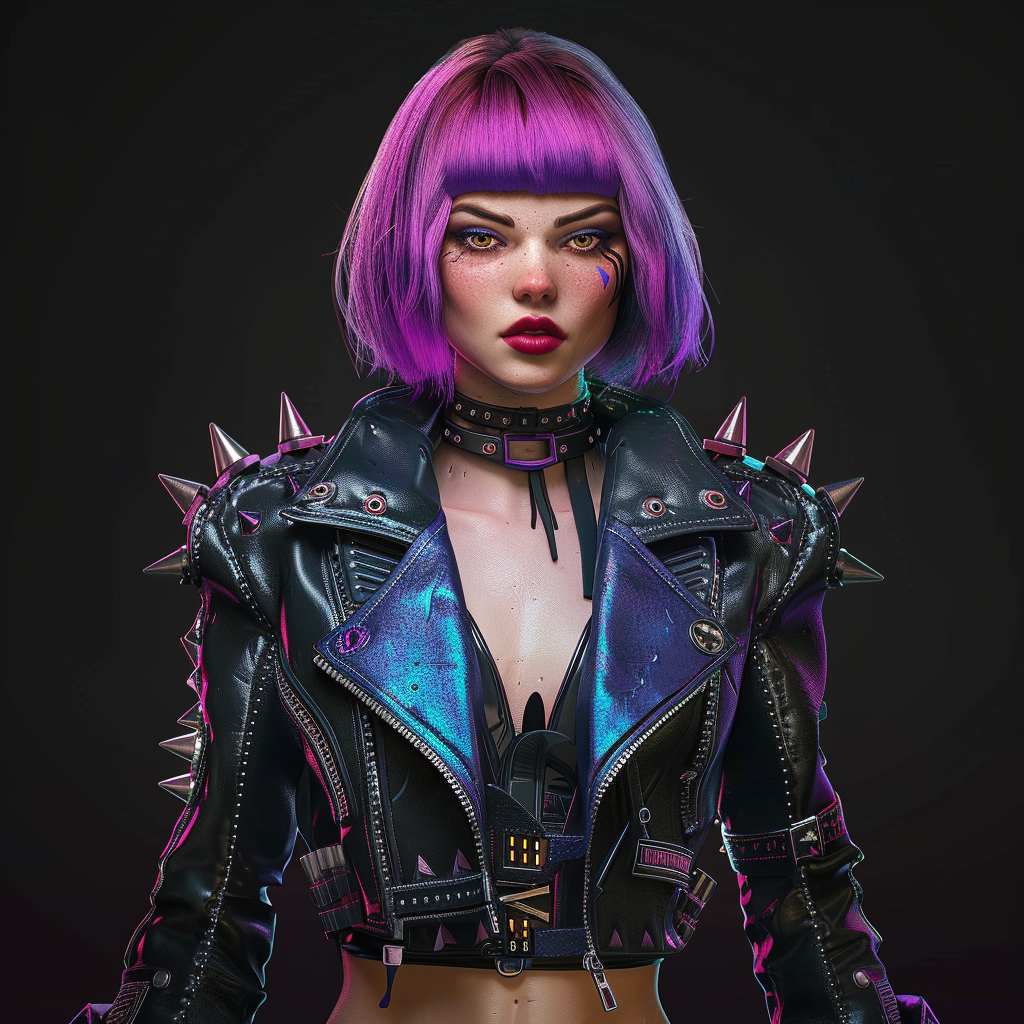 Cyberpunk female character with purple hair