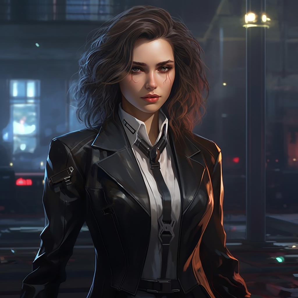 Image of cyberpunk female lawyer with brown hair