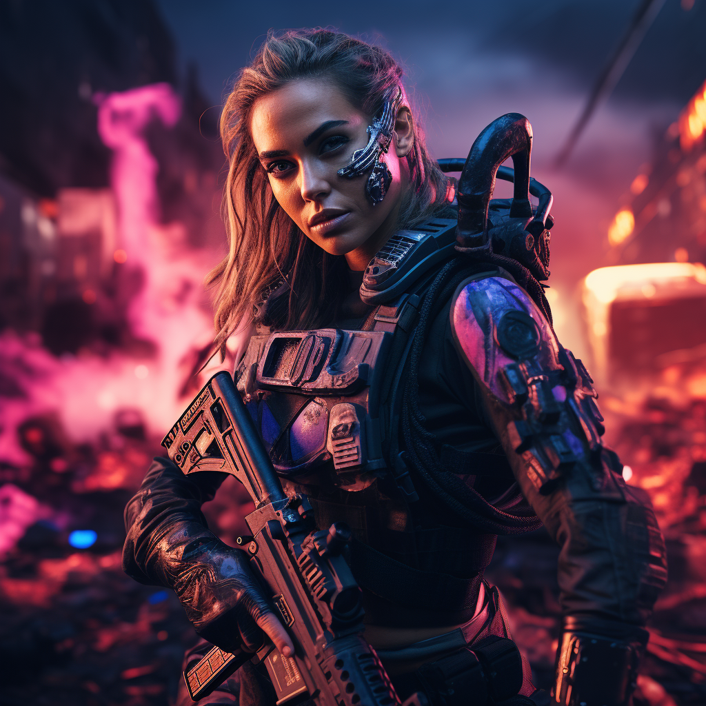 Hyperrealistic female marine in cyberpunk battle