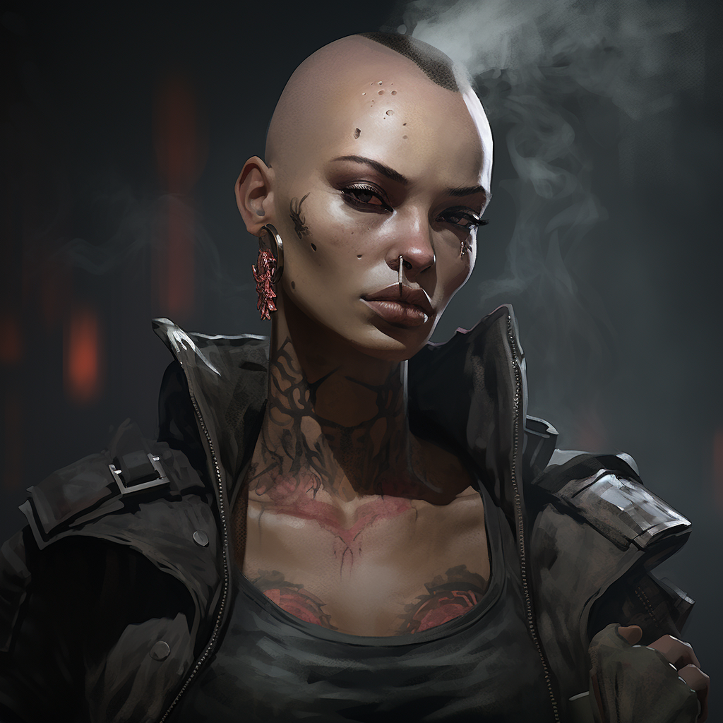 Cyberpunk female mercenary with scars and a half-shaven head