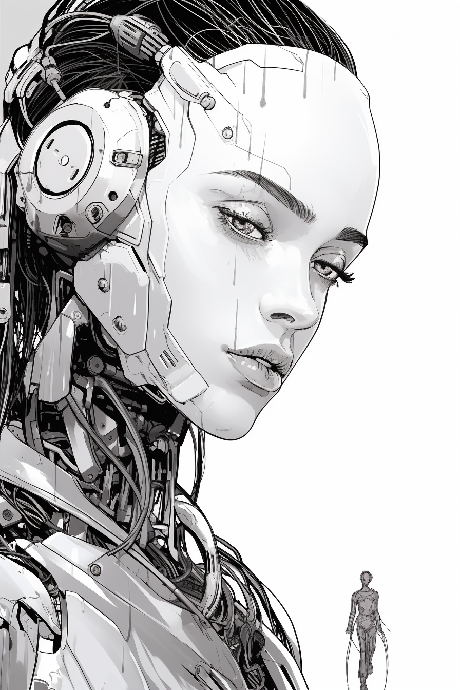 Sketch of female cyberpunk with two-headed robot