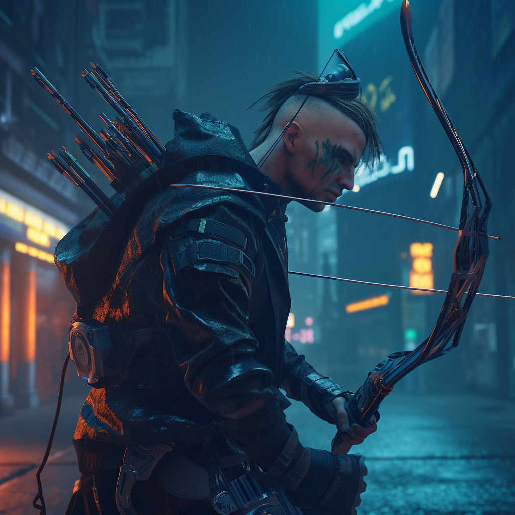 Cyberpunk male archer hunting in futuristic setting