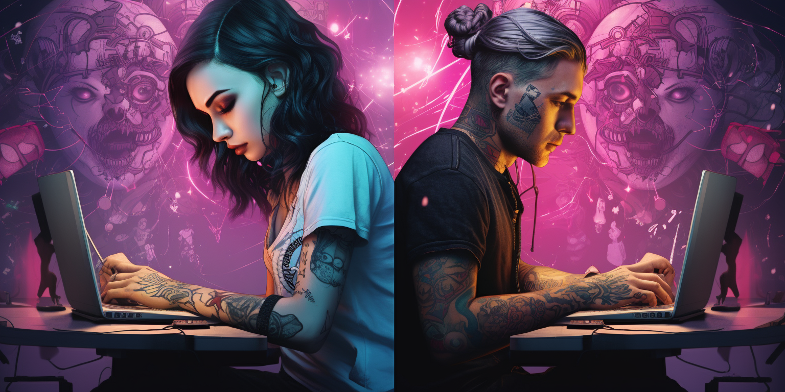 Cyberpunk manga girl with tattoos and man working on laptop