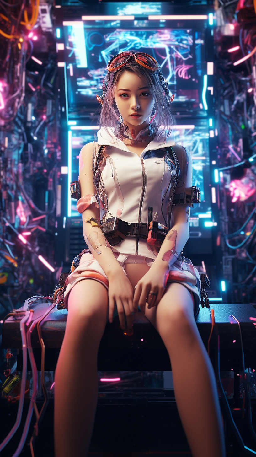 Ethereal girl surrounded by neon lights in cyberpunk setting