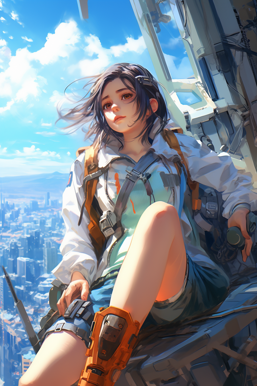 Young girl wearing cyberpunk clothing in fantasy kingdom mountains