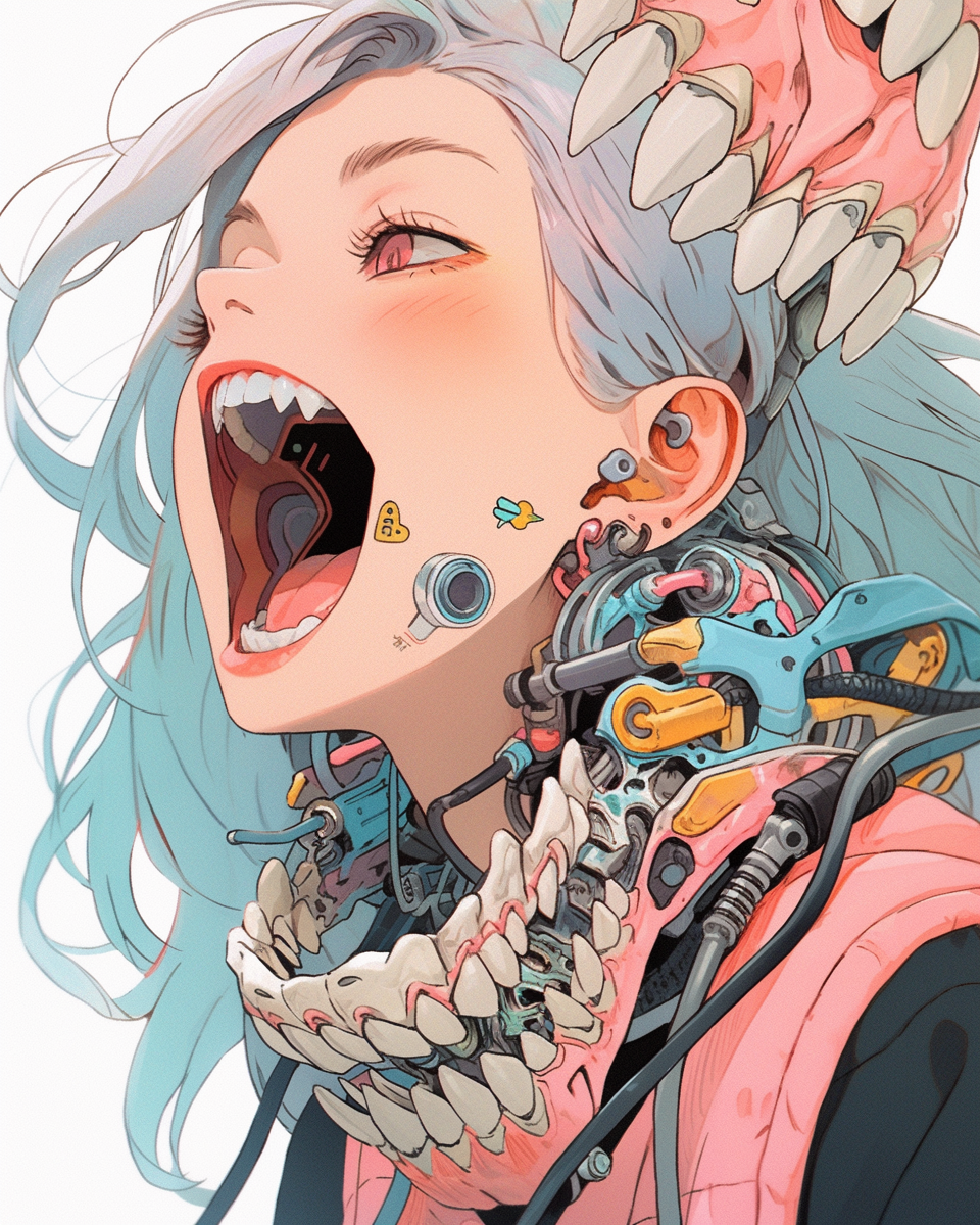 Cyberpunk girl singing with wide open mouth