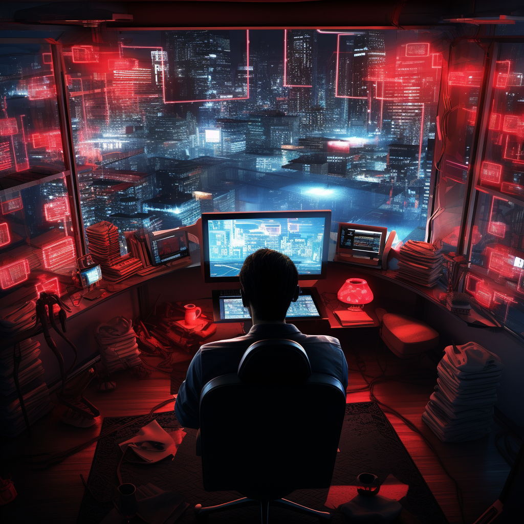 Cyberpunk hacker immersed in virtual reality