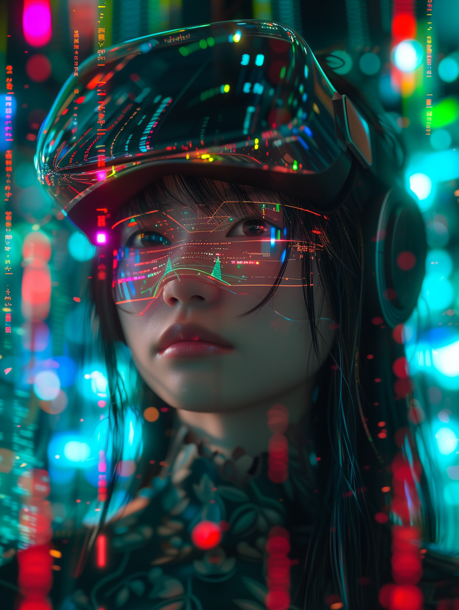 Young Japanese girl cyberpunk hacker in VR