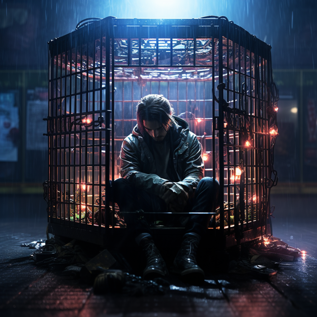 Cyberpunk hacker trapped in locked cage