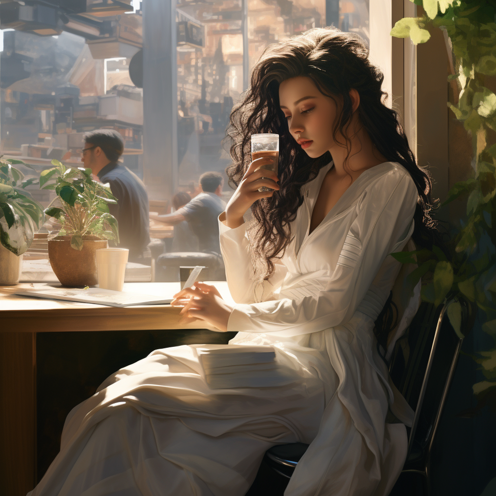 Female cyberpunk hero in beautiful white dress at café