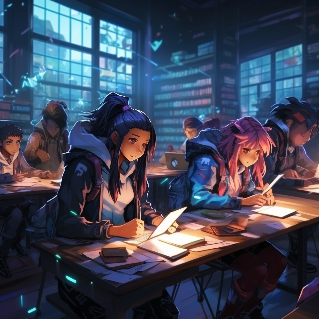 Group of students studying in a cyberpunk highschool class