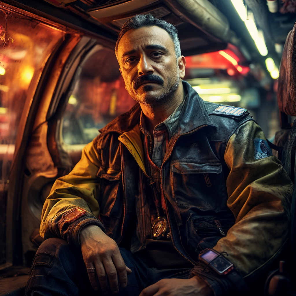 Italian taxi driver in cyberpunk city