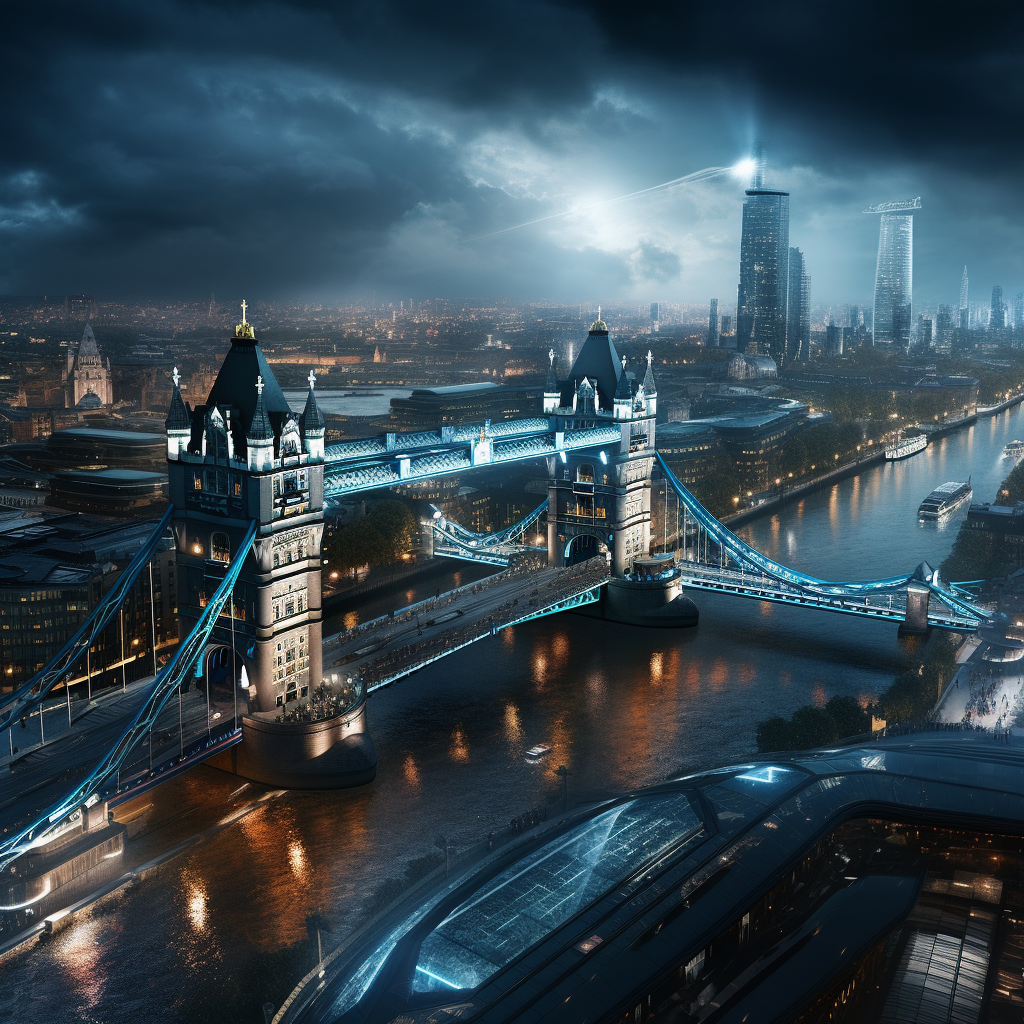 Impressive rendering of Cyberpunk London Tower Bridge at Night