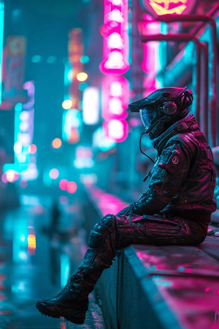 Cyberpunk love in futuristic cityscape