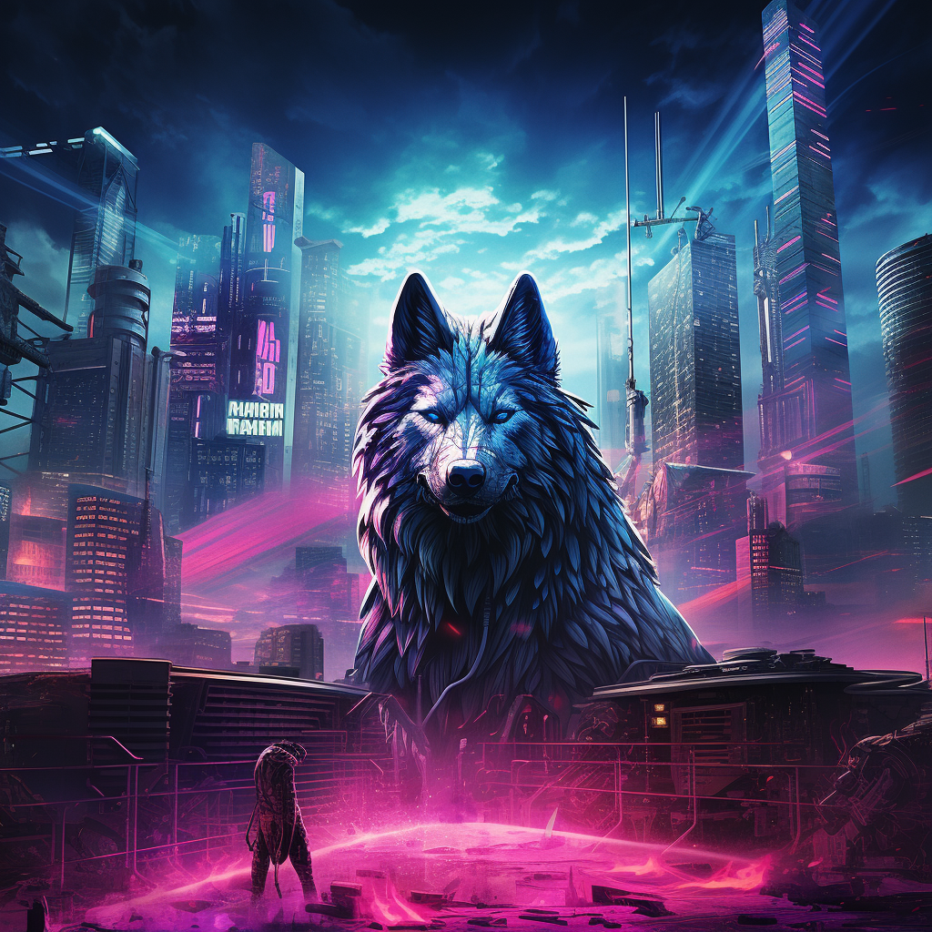 Neon-lit cyberpunk cityscape with a surreal wolf