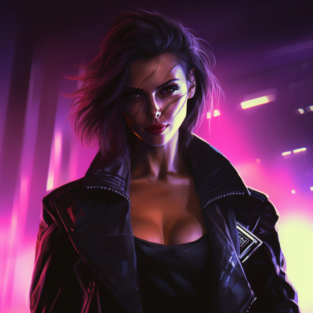 Stylish cyberpunk woman in leather coat with cyberarm