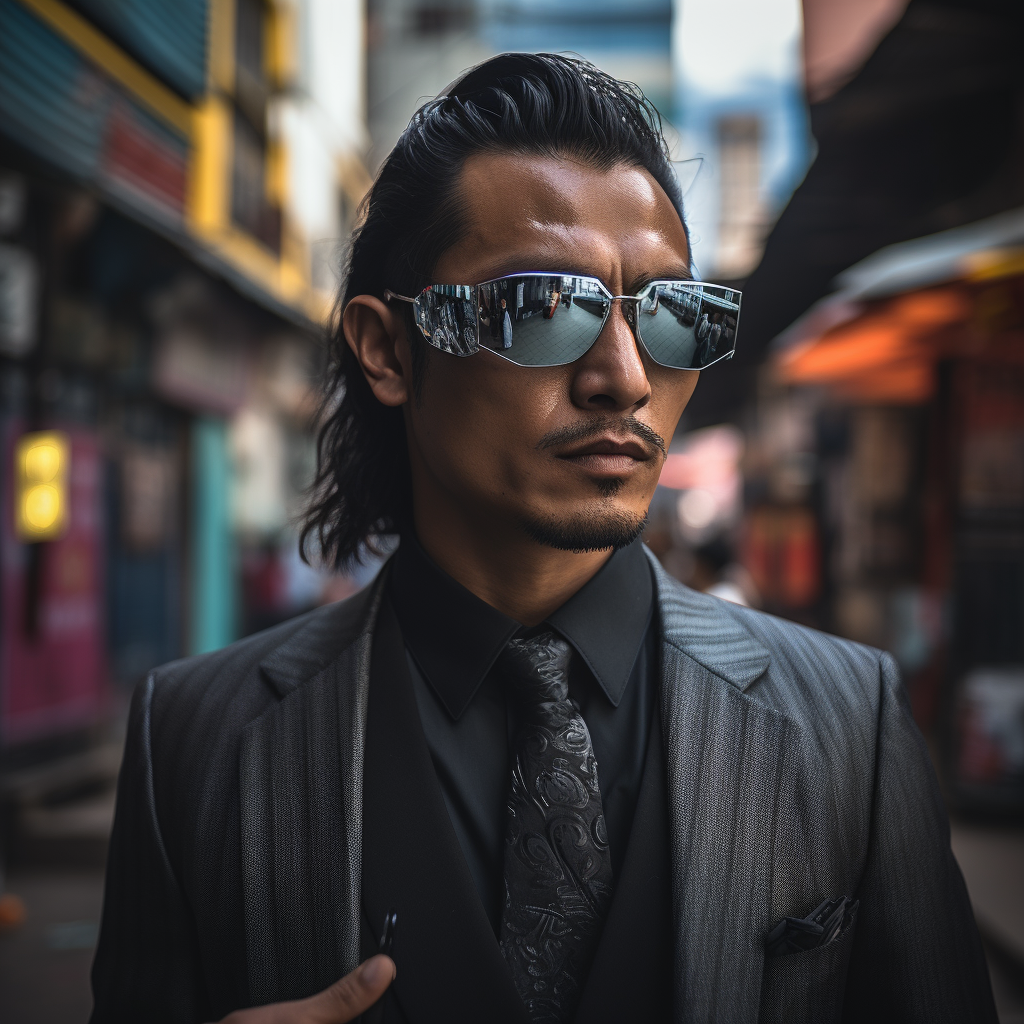 Nepali man in cyberpunk business suit with mirror glasses