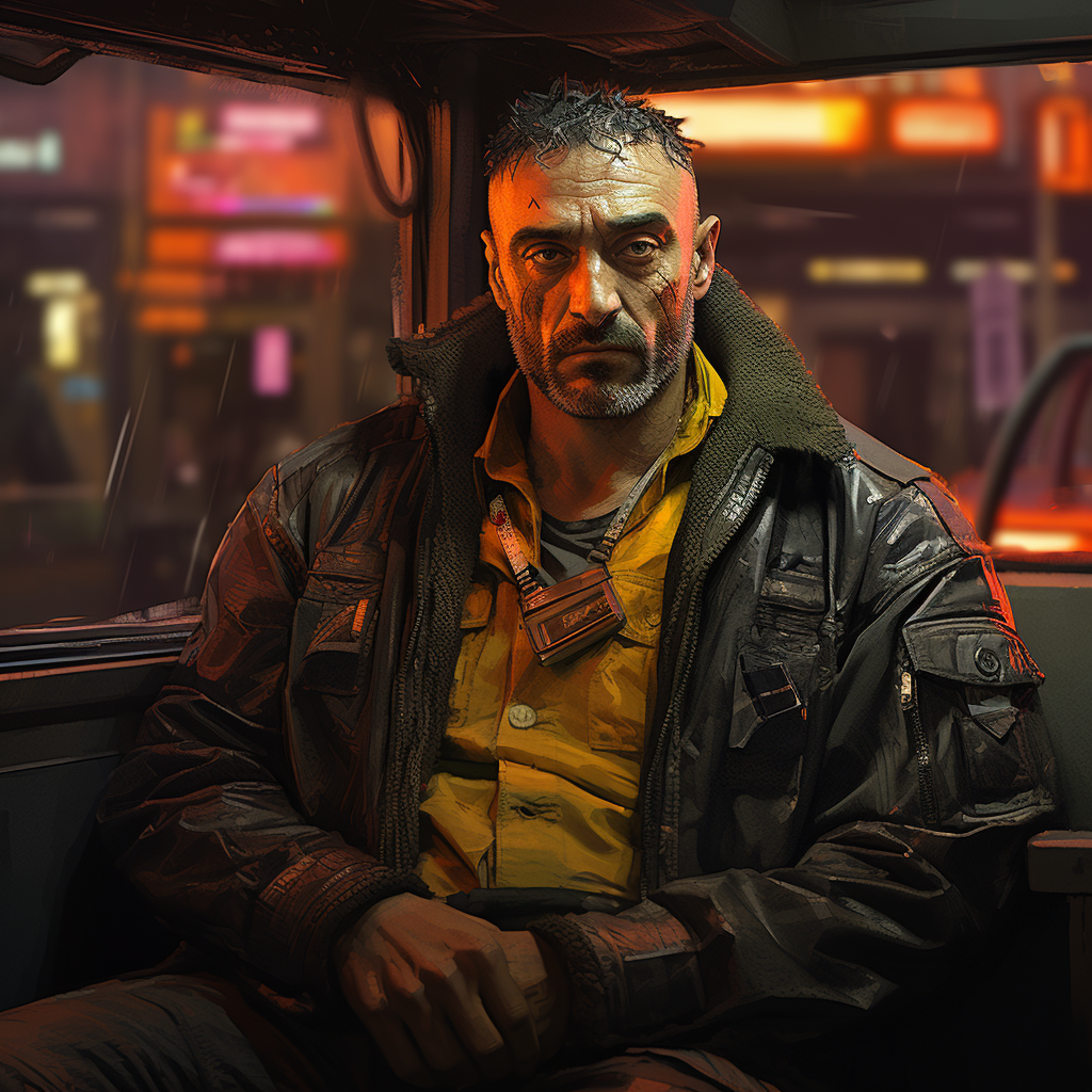 Cyberpunk NYC taxi driver in action