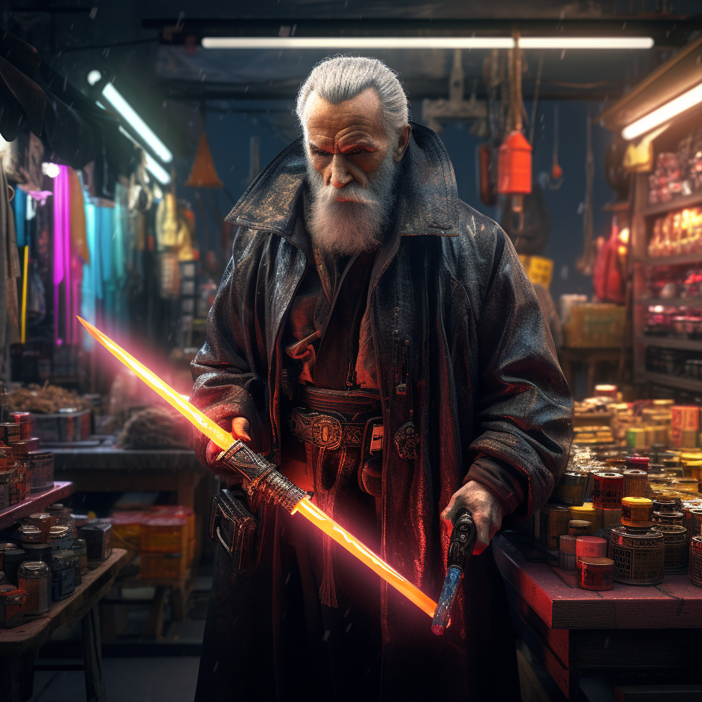 Cyberpunk old man selling lightsabers