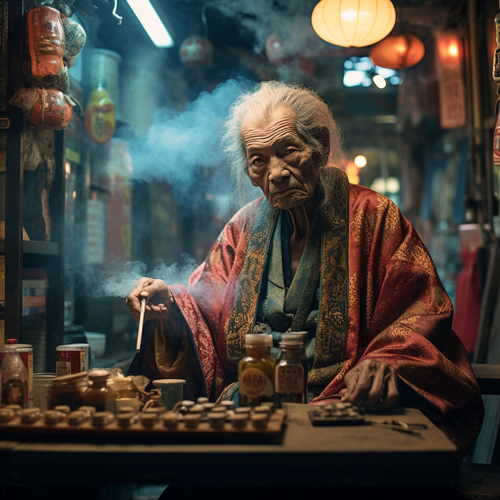 Elderly Cyberpunk Oyabun with Cigar