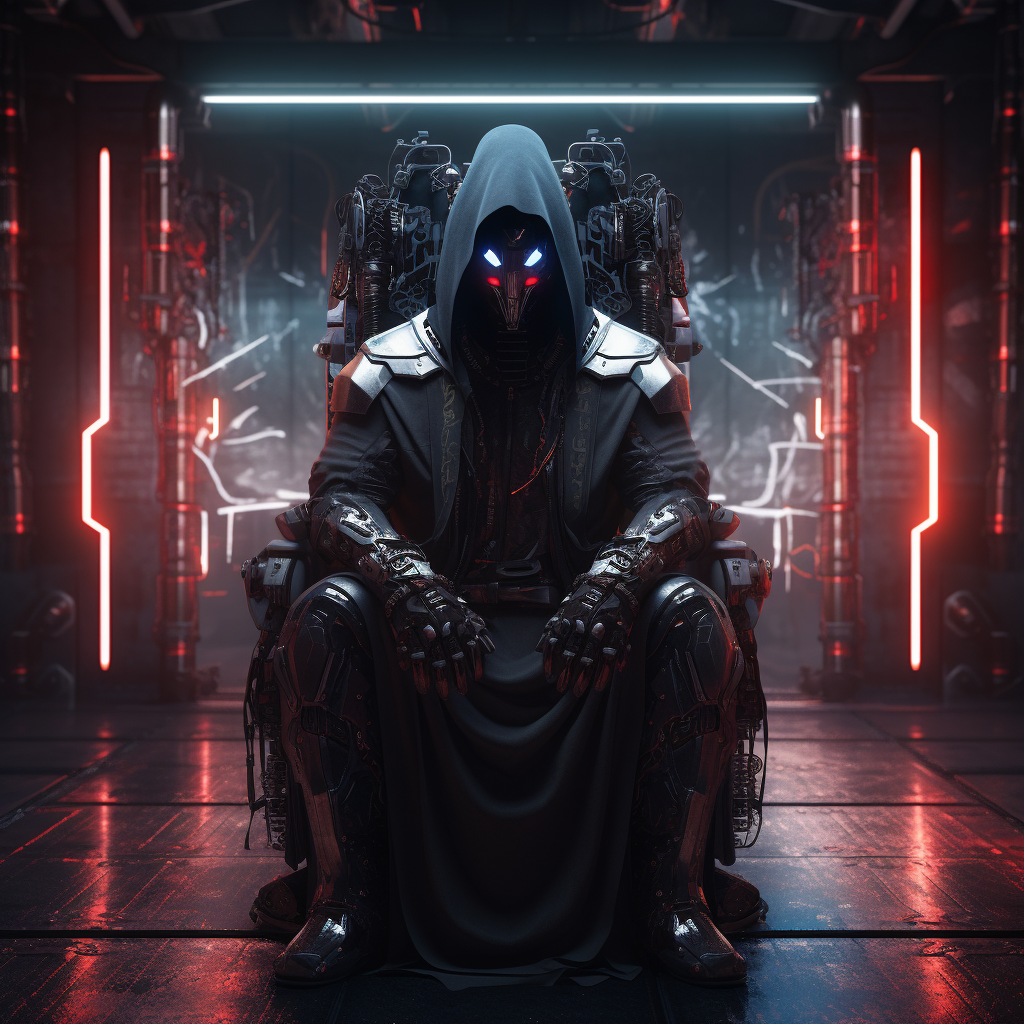 Neon-lit cyberpunk robot bountyhunter on throne