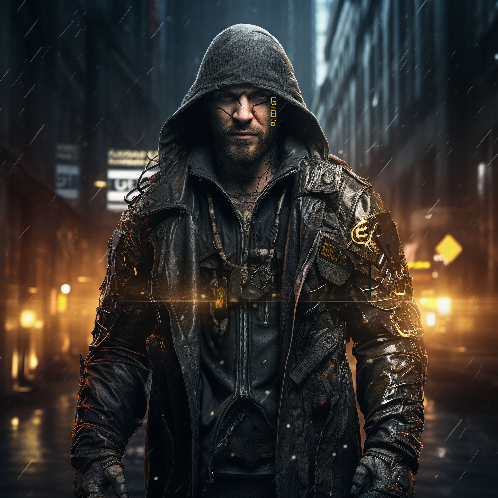 Rugged man in cyberpunk attire standing confidently