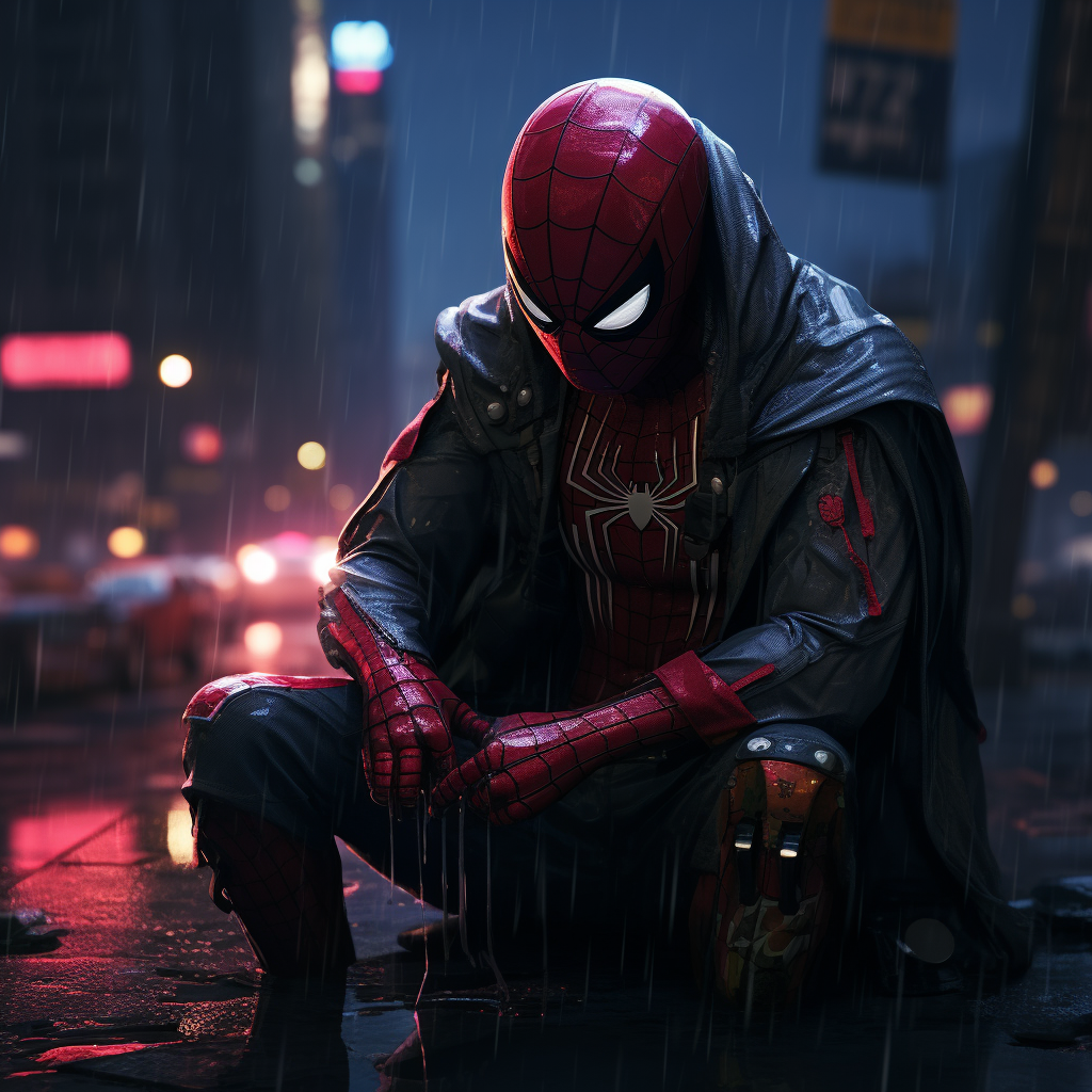 Sad cyberpunk Spiderman in futuristic cityscape